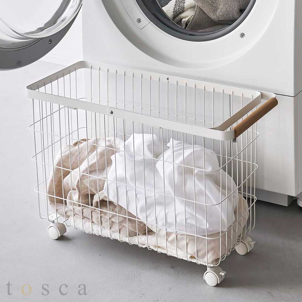 ランドリーバスケット トスカ キャスター付き ワイド&ロー 山崎実業 tosca 35L ホワイト 白 6629 洗濯かご 脱衣かご ランドリーワゴン ワイヤーバスケット 収納 yamazaki